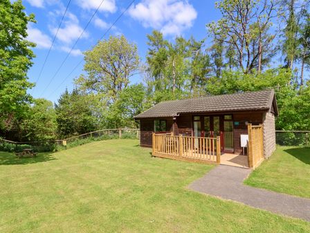 A small wooden cabin with a fenced porch on a grassy lawn surrounded by trees at Chalet Log Cabin L6 Combe Martin