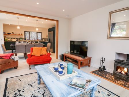 A living room with a blue coffee table and red chair next to a dining area at Captains Lodge in Weeke Hill near Dartmouth