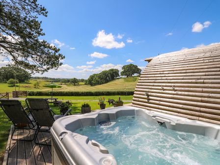An outdoor hot tub beside a wooden log cabin with lounge chairs and a picnic table on a grassy area overlooking fields and trees at Pine Lodge in Llanddeusant near Llandovery