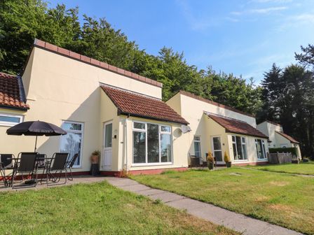 A row of single story bungalows with tiled roofs and outdoor seating areas on a grassy lawn at 39 Manorcombe Bungalows Honicombe Holiday Village near Drakewalls