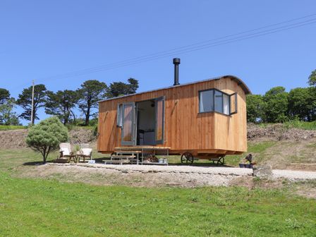 A wooden tiny house with open doors and windows on wheels with outdoor chairs and a tree at Little Pip in Gulval