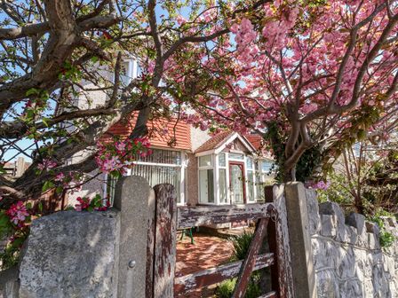 A front garden with a wooden gate and flowering trees in front of a house with bay windows at Haffannedd in Rhos-On-Sea