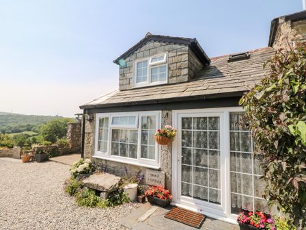 A stone cottage with white framed windows and flowers outside at Mole Cottage in Henwood near Upton Cross