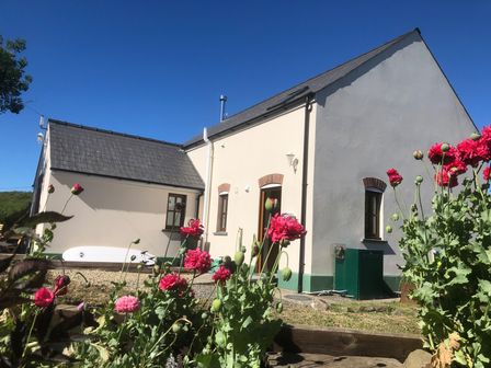 A white and gray house with a small garden of pink flowers in front at Ty Rhosyn in Penycwm near Solva