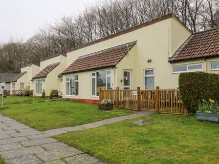 Row of single-story houses with tiled roofs and fenced porches on a grassy area at Wrens Nest Manorcombe in Honicombe Park near Gunnislake