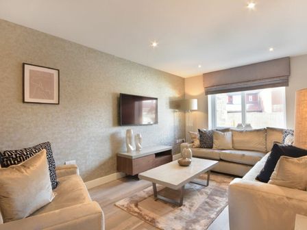 A living room with sofas cushions a coffee table a TV and a window at Sans Souci in Seahouses