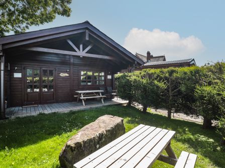 A wooden cabin with a picnic table on a porch and a white picnic bench on a grassy lawn at Cherry in Swanage