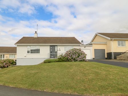 A single-story house with a sloped lawn driveway and flower bushes at Cynefin in Llangefni
