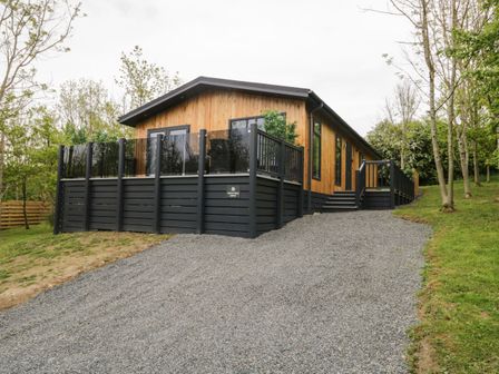 A wooden lodge with black railings and gravel driveway surrounded by trees at Watch Tree Lodge in Allithwaite near Cartmel
