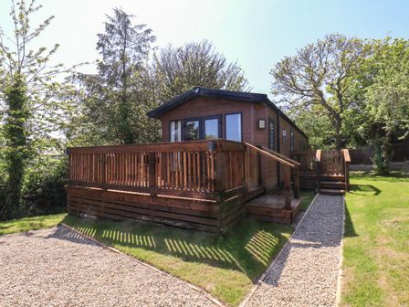 A wooden cabin with a deck and a gravel path surrounded by grass and trees at Buttercup Lodge in Runswick Bay near Staithes