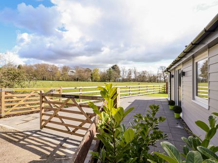 A fenced patio area with potted plants and a wooden gate overlooking a grassy field at Cornelyn Bach in St Asaph