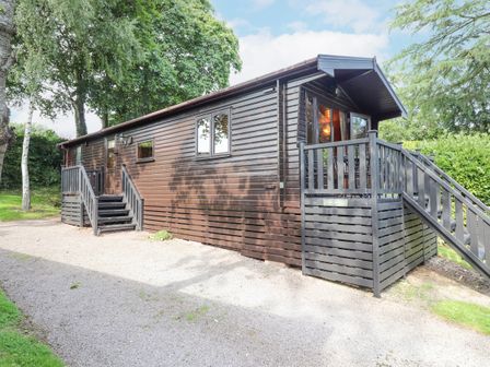 An exterior view of a brown wooden lodge with steps and railings surrounded by trees and grass at Ennerdale Lodge in Burnside Park near Keswick