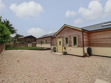 A gravel driveway leading to a wooden exterior building with a beige lower wall and light green door at Cotswold View in Shipton Under Wychwood