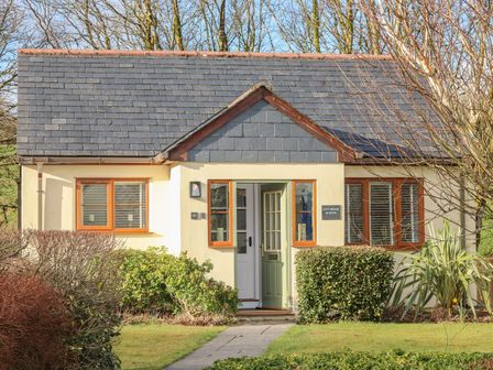 A small house with a grey tiled roof green front door and bushes in front at Inny Brook Burrow Davidstow near Camelford