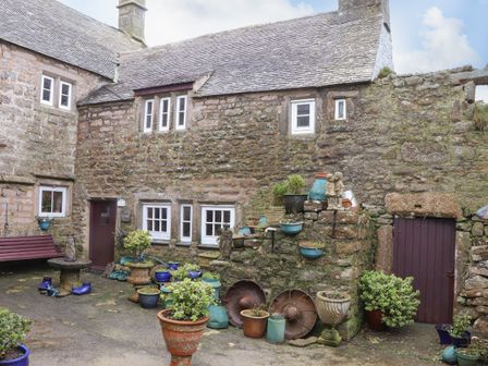 An outdoor courtyard with stone walls numerous potted plants statues a bench and a purple door at Up Over Head in Pendeen