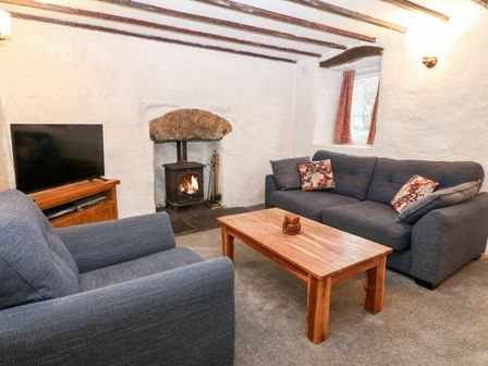 A living room with a wood stove fireplace a television a wooden coffee table two gray sofas and a window with red curtains at Is Y Graig in Beddgelert