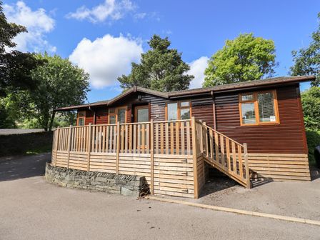 A wooden lodge with a ramp and stairs surrounded by trees at JacMar Lodge 14 Applethwaite Limefitt Park near Windermere