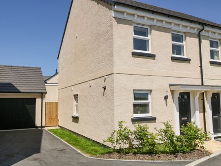 A semi detached house with black doors and white framed windows beside a driveway and garage with plants in front at Meadow Bay in Appledore