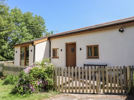 A house with wooden windows and door behind a wooden fence with flowers and trees at Adipit Stables Buckland Brewer near Bideford