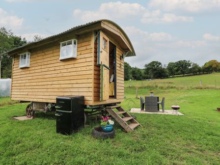 A wooden shepherd hut with small windows and steps leading to the doorway in a grassy field with a black refrigerator nearby and a patio set with chairs and a table at Ty Gwenyn in Talybont-On-Usk