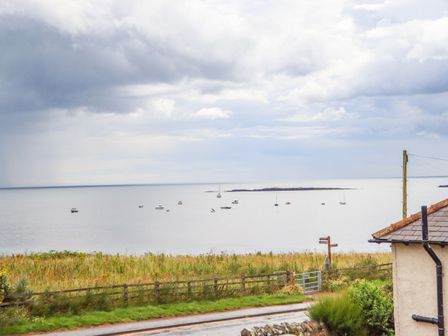 A coastal view with boats on water and grassy field near a road at Cullernose Cottage in Newton-by-the-Sea near Embleton