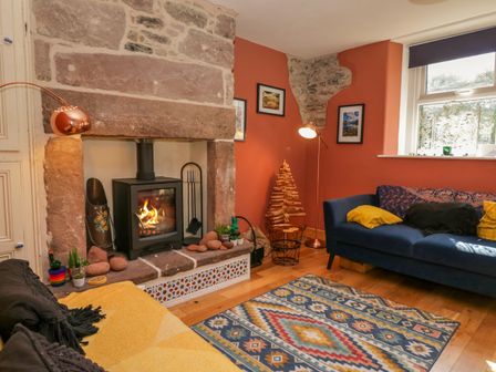 A living room with a lit fireplace blue and yellow sofas and a patterned rug at Whitecroft Nook in Gosforth