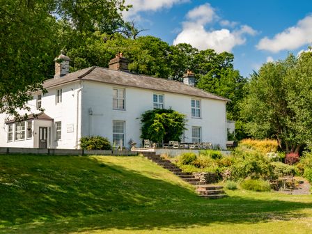 A white house with multiple windows and chimneys surrounded by trees and grass at Fron Dderw in Bala