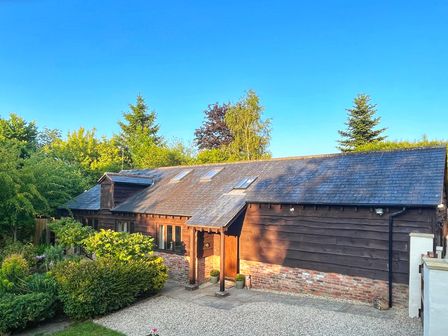 A wooden house with brick foundation surrounded by trees and plants at Willow Brook in Okeford Fitzpaine