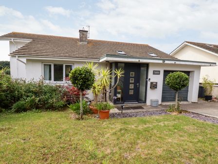 A house with a front garden and two small trees in pots near the entrance at Pasadena in Newquay