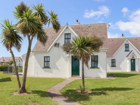 A white house with green doors and windows surrounded by grass and palm trees at Sandeel Bay in Hookless Village near Fethard-On-Sea County Wexford