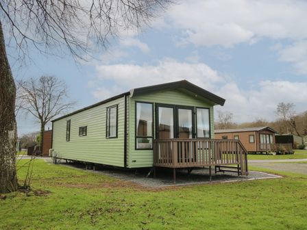 A green static caravan with a small wooden deck on a grassy plot with other caravans in the background at Owl in Shobdon