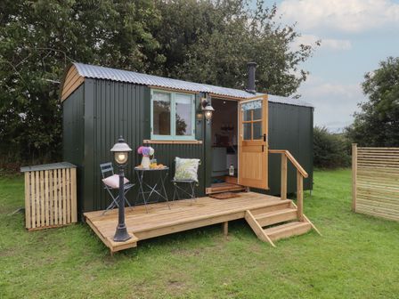 A small cabin with an open door and deck with two chairs and a table with flowers and food at Lottie's Hut in Okehampton