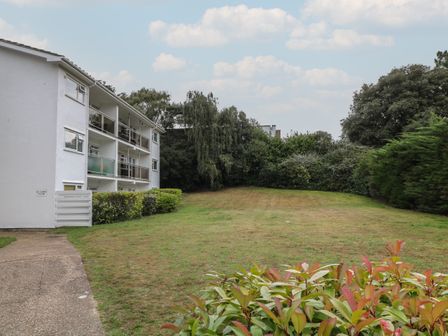 A grassy lawn with bushes and trees next to a white apartment building at Flat 5 Fairwinds Sandbanks near Canford Cliffs