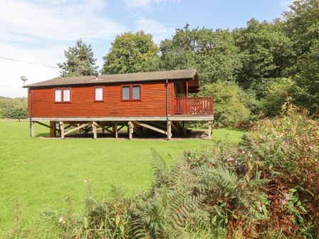 A wooden cabin on stilts surrounded by grass and trees at Teign River Retreat Drewsteignton near Moretonhampstead