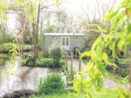 A small green building near a pond with a gravel path and wooden fence at Damsel Shepherds Hut in Badwell Ash