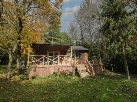 A wooden cabin with a porch and stairs surrounded by trees and grass at Pear Tree Lodge in Combe near Langport