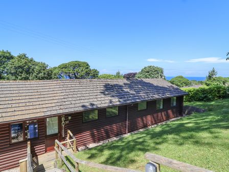 A wooden lodge with windows on a grassy slope overlooking trees and the sea at Bay Tree Lodge 35 Watermouth near Berrynarbor