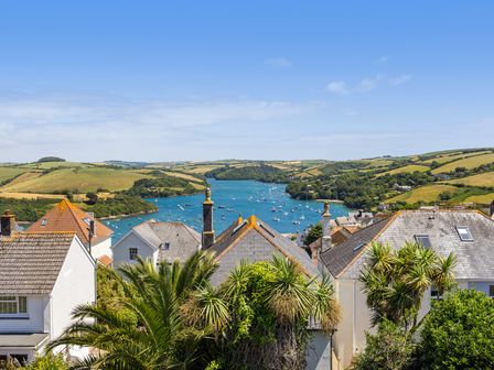 A view of houses with palm trees and a river with boats surrounded by green hills at Firm Anchor in Salcombe