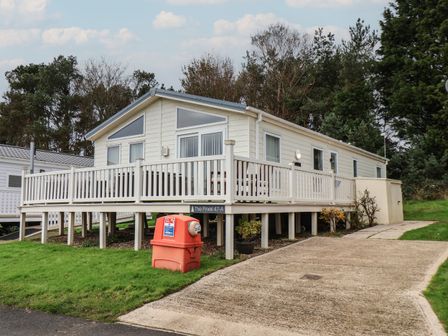 A raised static caravan with a white railing and a driveway surrounded by trees at Evergreen Pines Cayton Bay near Scarborough