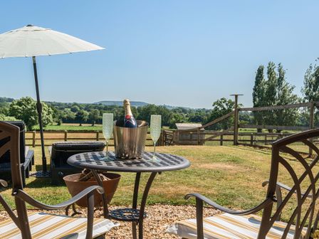 A garden with a table, chairs, and champagne at Piglet Corner in Culmstock