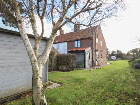 A backyard with grass a tree a wooden shed and a brick house with tiled roof at Lanthorn Cottage Happisburgh East Anglia