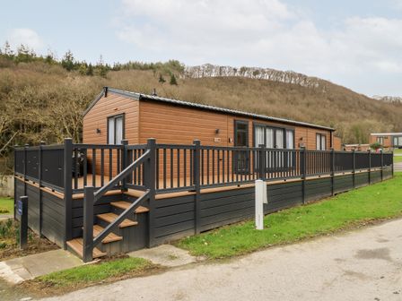 A brown mobile home with a black railing and stairs on a grassy area near trees at The Hideout in Gilfachrheda near Llanarth