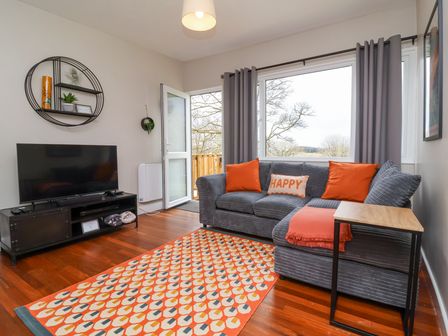 A living room with a gray sofa with orange cushions an orange patterned rug a TV on a stand and large windows at 15 The Park in Kilkhampton
