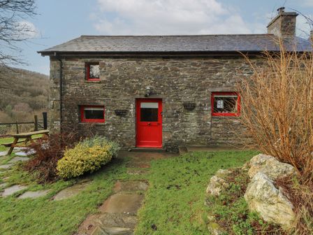 A stone house with red door and windows surrounded by grass and shrubs at Ty Tarw in Llanybydder
