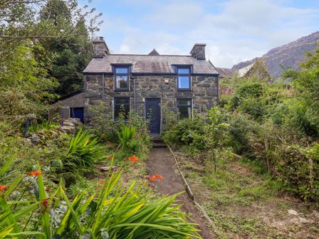 A stone cottage with a front garden path surrounded by plants and flowers at Nyth Yr Eryr in Blaenau Ffestiniog