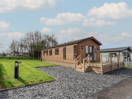 A wooden lodge with multiple windows and a small deck surrounded by grass and gravel at Lodge 4 in St Asaph
