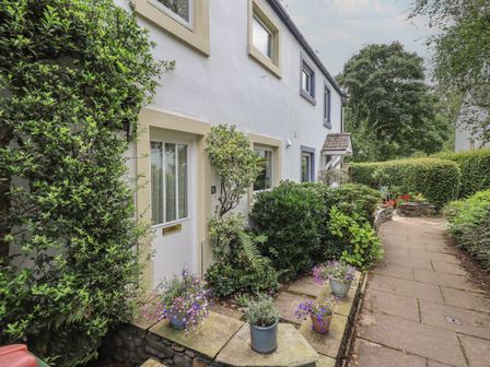 A walkway beside a row of white houses with potted flowers and green bushes at Little Hallgarth in Keswick