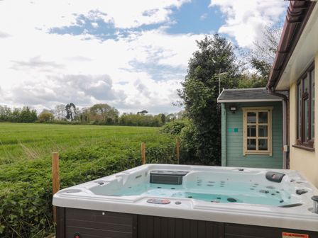 An outdoor hot tub next to a house with a green shed and grass field in the background at Te Papa in North Petherton