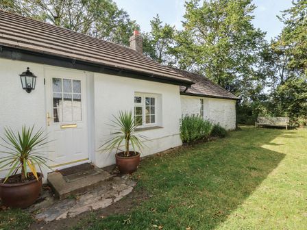 An exterior view of a cottage with a door and potted plants at Llainorfa in Maenygroes near New Quay