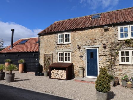 A stone house with a blue door and several potted plants outside at A Stones Throw in Sawdon near East Ayton